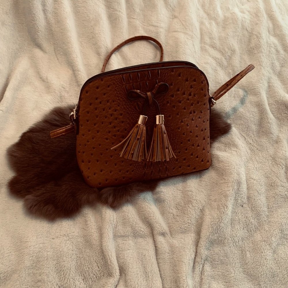 Ostrich Embossed Three Compartment Purse With Tassel and Bow